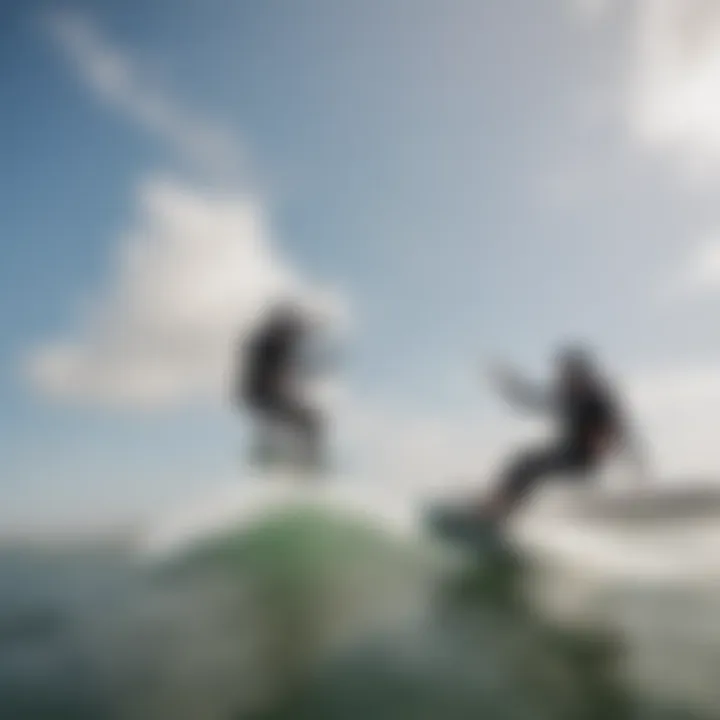 A novice and experienced kiteboarder practicing together