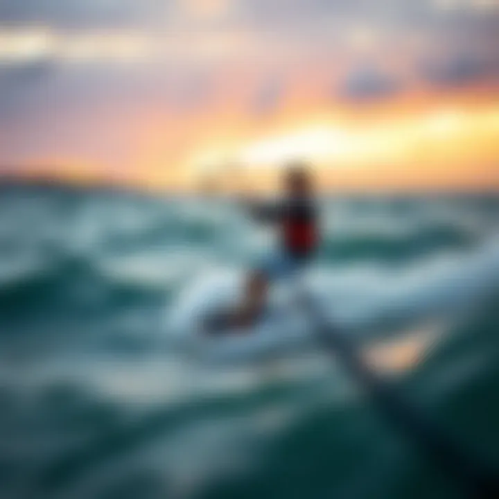Kiteboarder riding the waves with a board leash attached