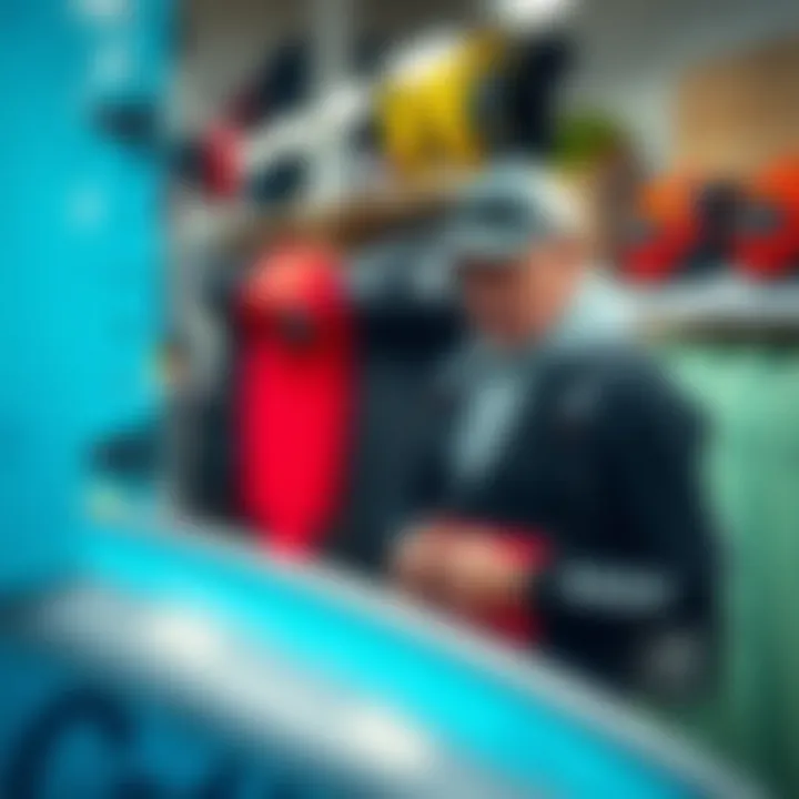 A kitesurfing enthusiast evaluating gear in a shop