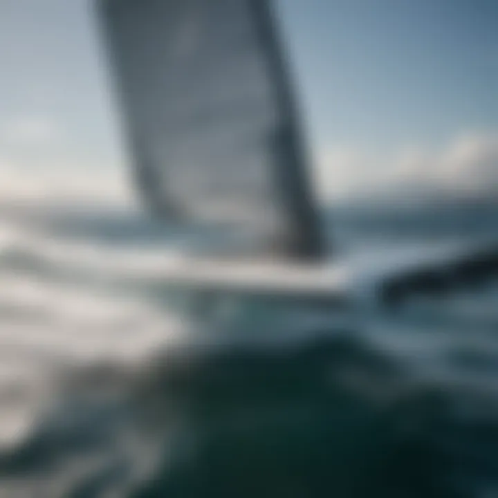 Close-up of a foiling sailboard's hydrofoil system, highlighting its engineering intricacies.