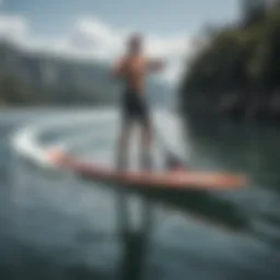 A sleek hydrofoil paddleboard gliding over the water surface, showcasing its unique design.