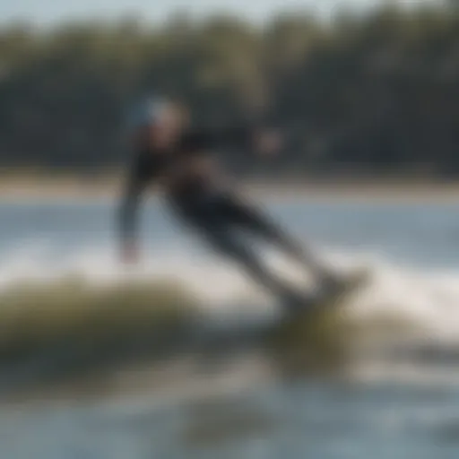 A dynamic view of kiteboarders riding the waves during high tide in Jacksonville