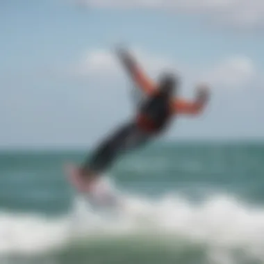 A kiteboarder performing a trick while securely attached to a safety leash