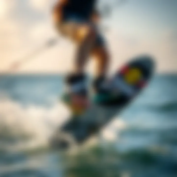 Kiteboarder demonstrating the use of footstraps while riding on water