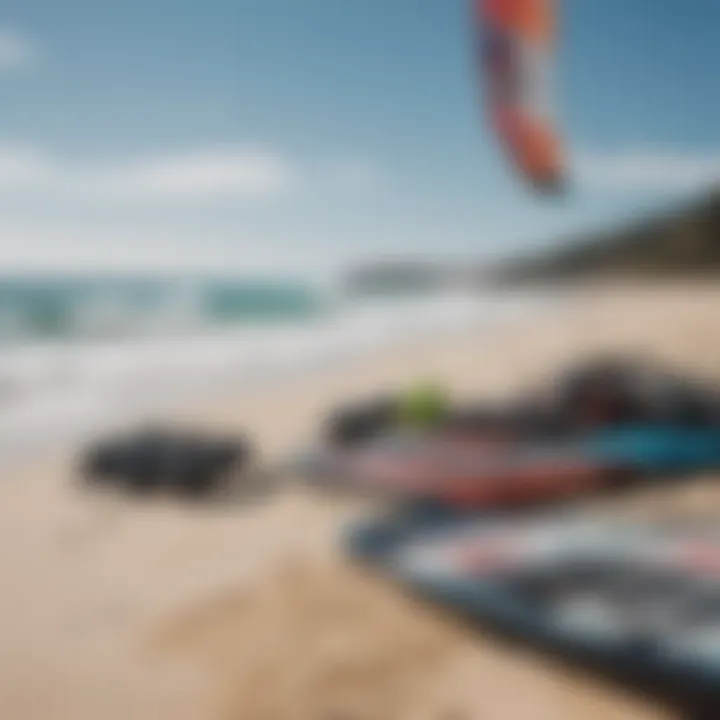 A diverse range of kiteboarding equipment laid out on a beach