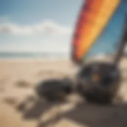 Kitesurfing equipment displayed on the beach