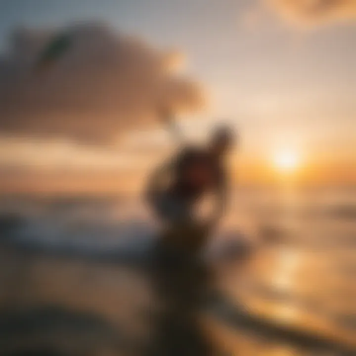 Kiteboarder riding waves under a vibrant sunset