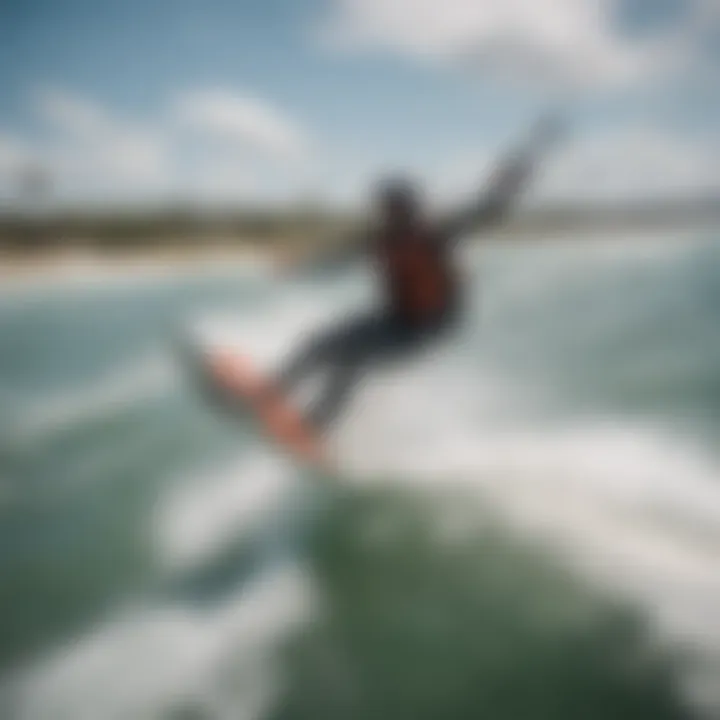 Aerial view of kiteboarders riding the waves during high tide