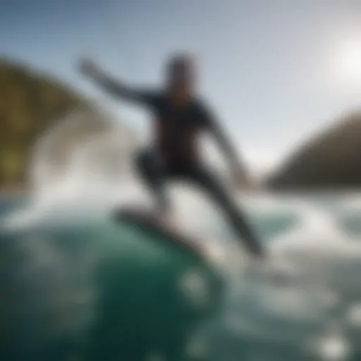 A kiteboarder performing a supwinding maneuver over crystal-clear waters