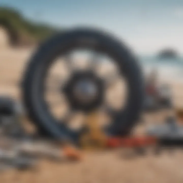 An array of supwinding gear laid out on a beach