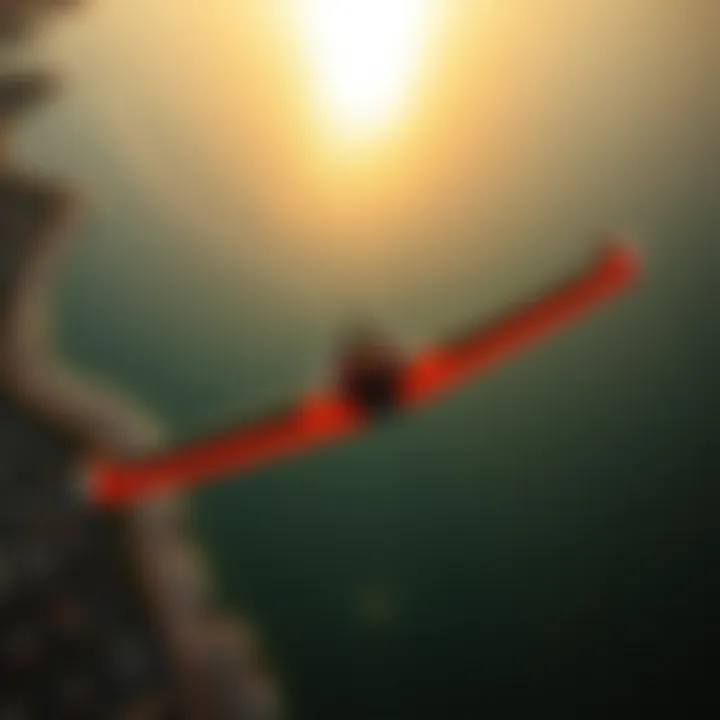 An aerial shot capturing the beauty of a wingfoiling session during golden hour, with vibrant colors.