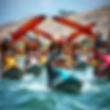 A group of diverse riders participating in a wingfoiling event, highlighting community and camaraderie.