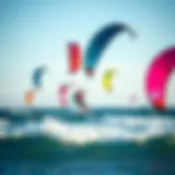 Colorful kites soaring over ocean waves