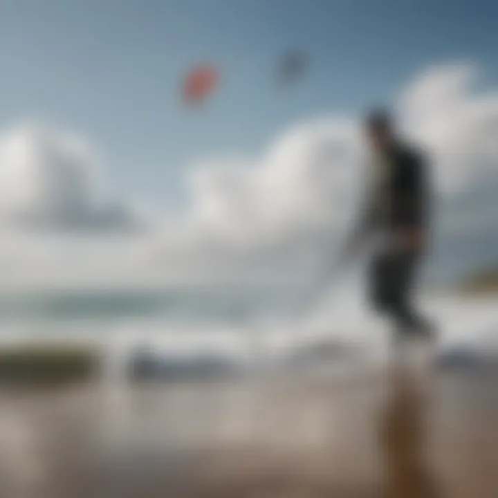 Kiteboarder using the WeatherFlow weather meter on the beach to assess wind conditions.