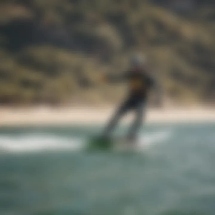 A kiteboarder enjoying a ride with a foil board in a scenic location