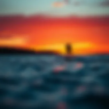 Perfect Wakefoiling Location at Sunset A scenic location for wakefoiling, highlighting a vibrant sunset and calm waters