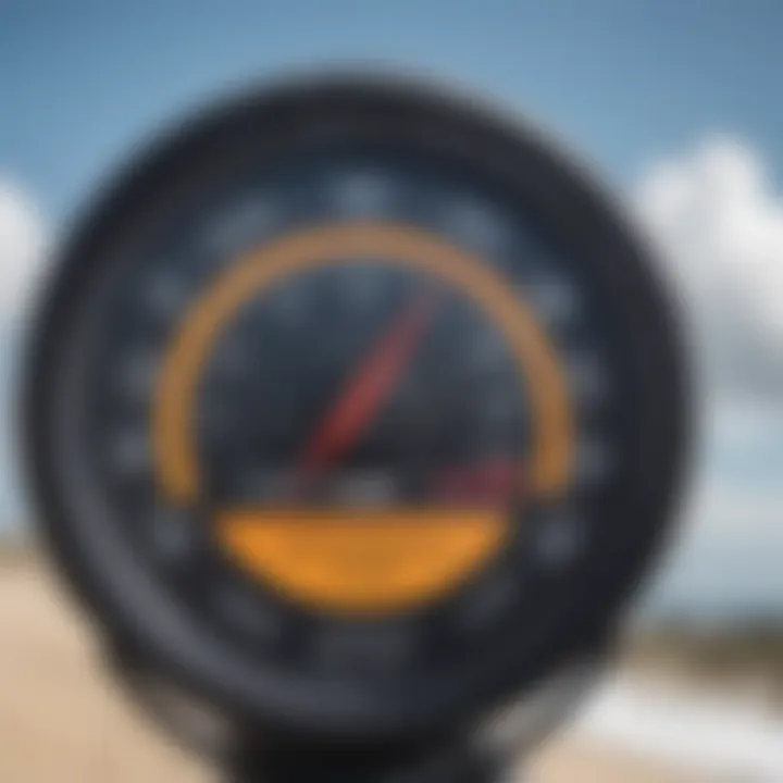 Close-up of a weather meter displaying wind speed and direction.