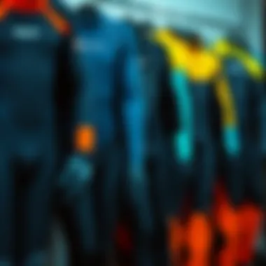 Variety of Wetsuit Styles for Winter Kiteboarding Different styles of wetsuits arranged on display