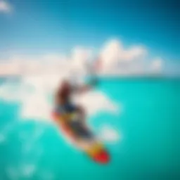 A vibrant kiteboarding scene over turquoise waters
