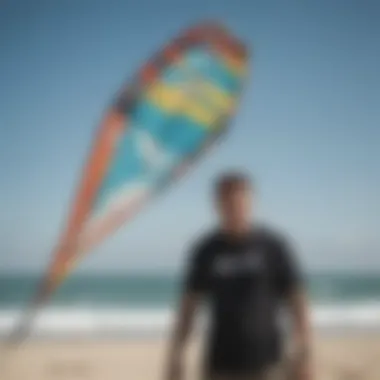 An expert examining a used kiteboarding kite for quality assessment.