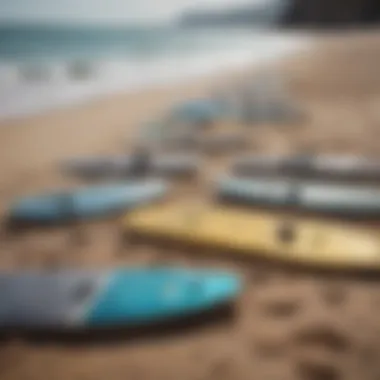 Different types of non-electric foil boards displayed on a beach.