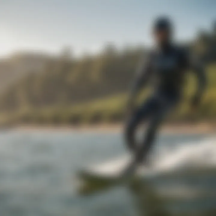 A serene kiteboarding scene with a focus on a rider equipped with a vector wetsuit.