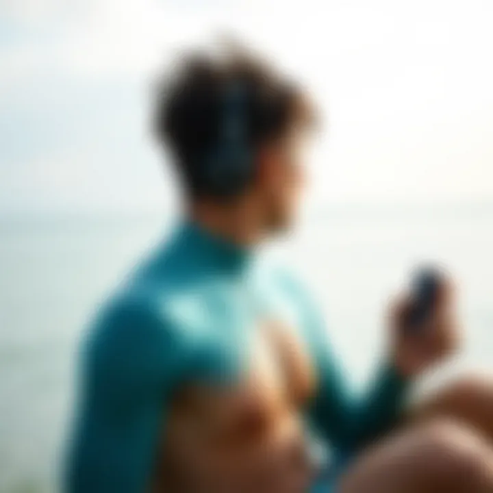 Athlete enjoying music with waterproof MP3 player on the beach