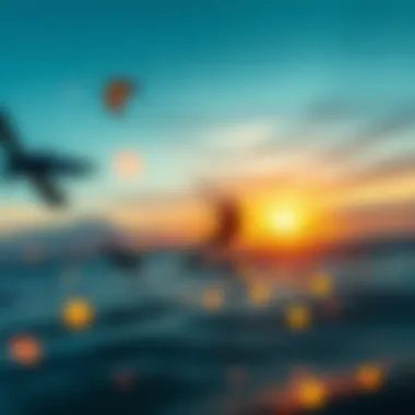 Kiteboarder riding a wave during sunset on Lake Erie