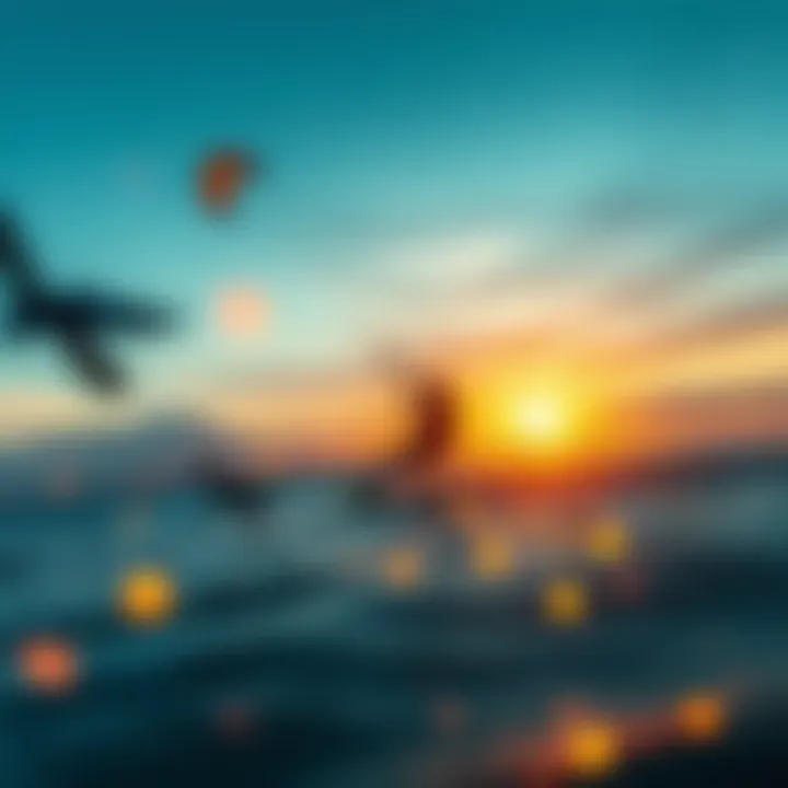 Kiteboarder riding a wave during sunset on Lake Erie