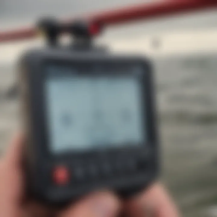 A close-up of a weather monitoring device used by kiteboarders