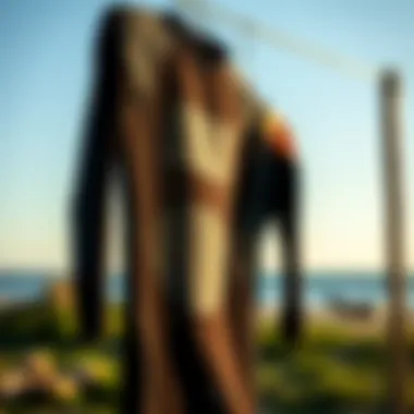 A well-maintained 4mm wetsuit hanging to dry in a sunny environment.