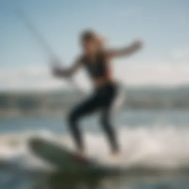 Performance in Action: Kiteboarding A tall female kiteboarder riding the waves