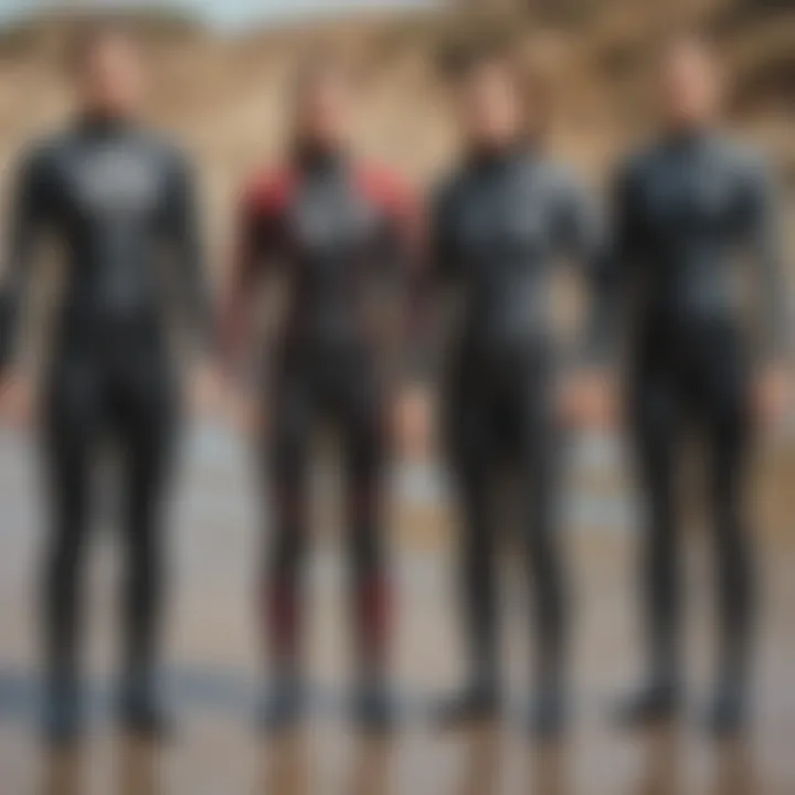 Different styles of wetsuits laid out on a surface