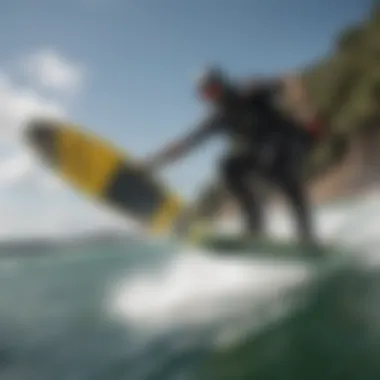 Rider executing a technique that highlights board control in kiteboarding